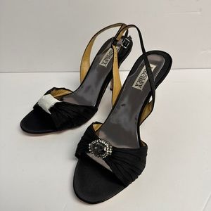 Badgley Mischka Size 8.5 Black Satin Peep Toe Heels Crystal Detail Ankle Strap